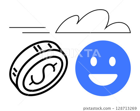 Dollar coin flying with motion lines, smiling blue face, and stylized cloud. Ideal for finance, happiness, speed, success, weather digital assets and positive outcomes. Line metaphor Dollar coin flying with motion lines, smiling blue face, and stylized cloud. Ideal for finance, happiness, speed, success, weather digital assets and positive outcomes. Line metaphor 128713269