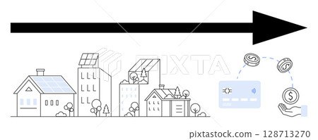 Buildings with solar panels, large arrow, credit card, coins, and hand. Ideal for sustainability, renewable energy, finance, eco-friendly living green economy technological advances clean energy Buildings with solar panels, large arrow, credit card, coins, and hand. Ideal for sustainability, renewable energy, finance, eco-friendly living green economy technological advances clean energy 128713270