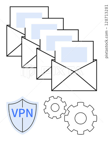 Multiple emails, VPN shield icon, gear icons symbolizing technical settings. Ideal for digital security, privacy, email safety, VPN usage, technical settings online communication IT solutions. Line Multiple emails, VPN shield icon, gear icons symbolizing technical settings. Ideal for digital security, privacy, email safety, VPN usage, technical settings online communication IT solutions. Line 128713281