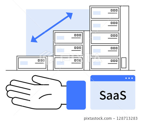 Servers represent digital infrastructure, graph indicates growth, and open hand symbolizes support. Ideal for business, technology, cloud computing, software as a service SaaS, growth support. Line 128713283