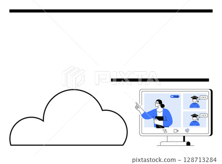 Tutor interacting with students on video call displayed on computer screen, cloud icon nearby. Ideal for online learning, remote education, e-learning, virtual classrooms, distance teaching, digital Tutor interacting with students on video call displayed on computer screen, cloud icon nearby. Ideal for online learning, remote education, e-learning, virtual classrooms, distance teaching, digital 128713284