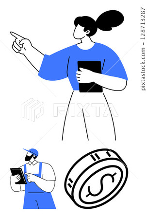 Woman pointing, worker in cap checking tablet, large coin with dollar symbol. Ideal for business strategy, teamwork, finance, management, tech industry communication themes. Line metaphor 128713287