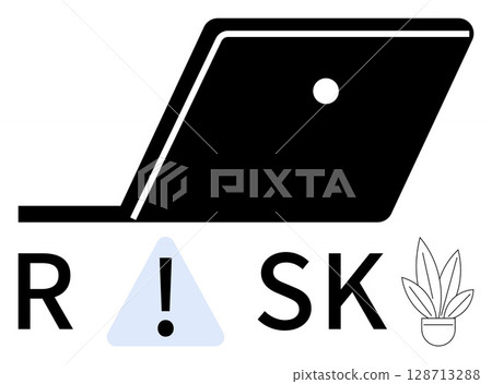 Laptop silhouette with caution exclamation mark in a triangle, spelled RISK with the letter I replaced. Ideal for warnings, online safety, cyber security, project risk management, tech danger Laptop silhouette with caution exclamation mark in a triangle, spelled RISK with the letter I replaced. Ideal for warnings, online safety, cyber security, project risk management, tech danger 128713288