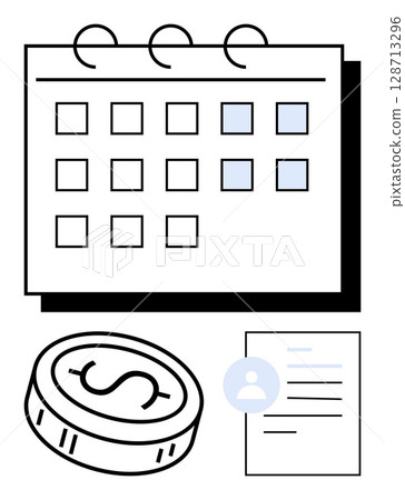 Calendar with highlighted dates, dollar coin, user profile document. Ideal for budgeting, scheduling, financial planning, cost analysis, project management personal finance and deadlines. Line Calendar with highlighted dates, dollar coin, user profile document. Ideal for budgeting, scheduling, financial planning, cost analysis, project management personal finance and deadlines. Line 128713296