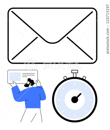 Envelope symbol above a man in blue holding an analytics chart and a stopwatch. Ideal for email management, productivity, time management, efficiency, business communication, analytics 128713297