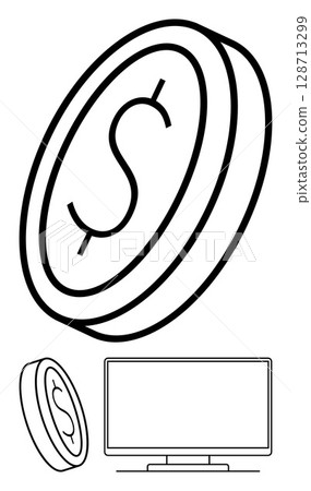 Tilted coin with prominent dollar sign near a widescreen computer monitor. Ideal for finance, investment, banking, technology, cryptocurrency, digital transactions, online banking. Line metaphor 128713299