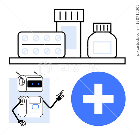 Robot gesturing toward medicine bottles and capsules on a shelf, blue medical cross symbol. Ideal for healthcare, medical technology, AI in medicine, pharmacy, automation, innovation, future of Robot gesturing toward medicine bottles and capsules on a shelf, blue medical cross symbol. Ideal for healthcare, medical technology, AI in medicine, pharmacy, automation, innovation, future of 128713303