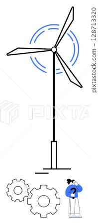 Wind turbine rotating with a person in blue nearby, contemplating its operation, next to large gears. Ideal for innovation, technology, renewable energy, engineering, sustainability, environmental 128713320