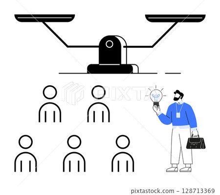Scale balancing six stick figures on one side, businessman holding a light bulb and briefcase on the other. Ideal for teamwork, innovation, leadership, balance, decision-making, productivity Scale balancing six stick figures on one side, businessman holding a light bulb and briefcase on the other. Ideal for teamwork, innovation, leadership, balance, decision-making, productivity 128713369