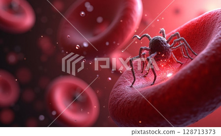 Microscopic View of Spider on Blood Cell Surrounded by Red Blood Cells and Bubbles of Plasma 128713373