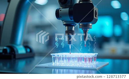 Advanced Laboratory Equipment with Robotic Arm and Digital DNA Analysis Visualization 128713377