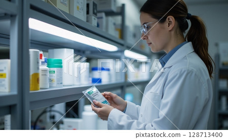 Female Pharmacist Analyzing Medication Package in Modern Pharmacy Environment 128713400