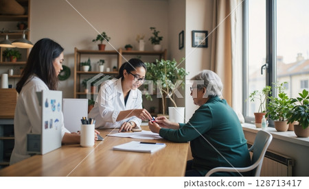 Healthcare professionals consulting with elderly patient in modern clinic indoor setting 128713417