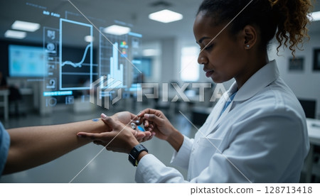 Healthcare professional administering vaccine dose with technology interface in modern clinic setting 128713418