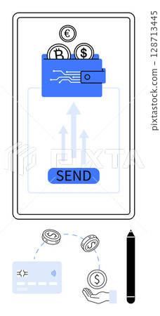 Digital wallet with coins, SEND button on smartphone screen, credit card, hand receiving payment, phone stylus. Ideal for finance, fintech, digital transactions, online banking mobile apps 128713445