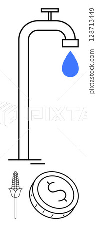 Water tap with blue droplet, coin with dollar sign, and wheat ear illustrating resource management, financial investment, and agriculture. Ideal for sustainability, finance, economy, agriculture 128713449
