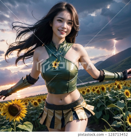 Smiling faces in a sunflower field swaying in the wind! 128713452