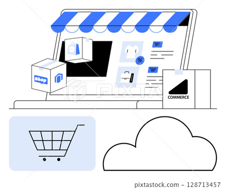 E-commerce website on laptop under awning, packages, shopping cart icon, and cloud outline. Ideal for online retail, digital marketing, cloud commerce, mobile shopping, virtual stores payment 128713457
