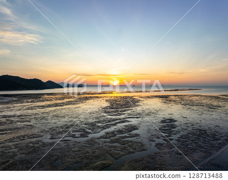 Drone view colorful sunset or sunrise sky over sea. 128713488