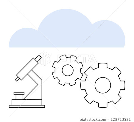 Microscope beside mechanical gears beneath a light blue cloud. Ideal for technology, innovation, research, science, data analysis, cloud computing, and engineering topics. Line metaphor Microscope beside mechanical gears beneath a light blue cloud. Ideal for technology, innovation, research, science, data analysis, cloud computing, and engineering topics. Line metaphor 128713521
