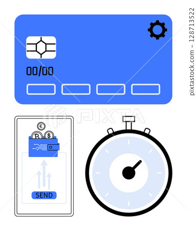 Credit card, mobile transaction interface, and stopwatch present the theme of fast and secure digital payments. Ideal for financial technology, online transactions, cybersecurity, e-commerce, time Credit card, mobile transaction interface, and stopwatch present the theme of fast and secure digital payments. Ideal for financial technology, online transactions, cybersecurity, e-commerce, time 128713522