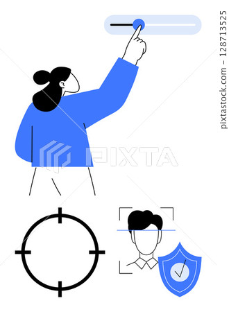 Person adjusting a toggle switch, a circular target symbol, user profile outline, shield with a checkmark icon. Ideal for UX design, user settings, security, personalization, target audience 128713525