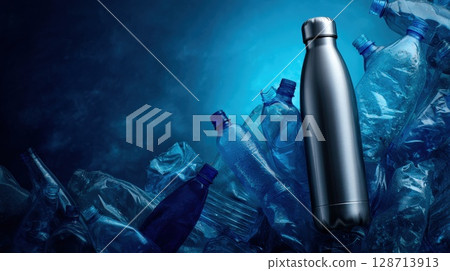 Reusable Bottle Amid Plastic Bottles Promoting Sustainability and Recycling Concept 128713913