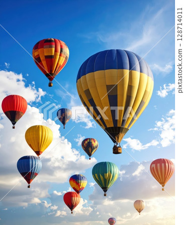 AI 影像：彩色氣球漂浮在藍天中 128714011