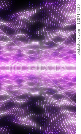 Abstract field of glowing purple light particles in wave-like motion, creating a sense of motion and digital symmetry Abstract field of glowing purple light particles in wave-like motion, creating a sense of motion and digital symmetry 128714189