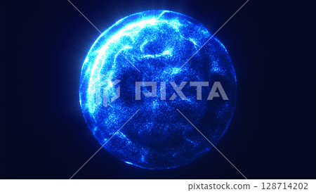 Electric blue glowing sphere formed by dense particles on dark background, symbolizing digital energy or futuristic data flow Electric blue glowing sphere formed by dense particles on dark background, symbolizing digital energy or futuristic data flow 128714202