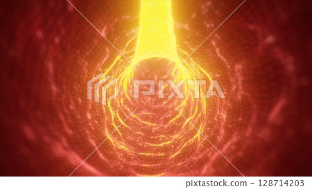 Yellow energy stream radiating in a digital tunnel, evoking heat and intensity Yellow energy stream radiating in a digital tunnel, evoking heat and intensity 128714203