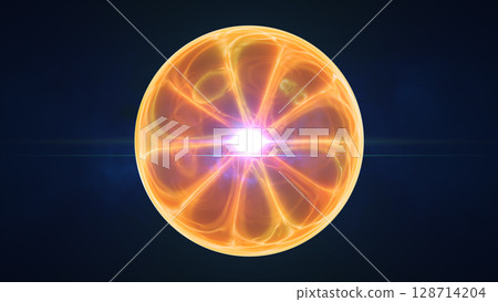 Glowing orange energy sphere with radiant plasma lines and bright core, isolated on a dark blue background Glowing orange energy sphere with radiant plasma lines and bright core, isolated on a dark blue background 128714204