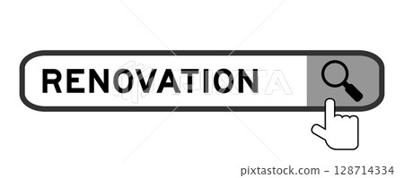 Search banner in word renovation with hand over magnifier icon on white background Search banner in word renovation with hand over magnifier icon on white background 128714334