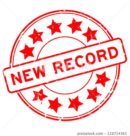 Grunge red new record word round rubber seal stamp on white background 128714361