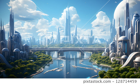 Fantasy magic castle glowing dreamlike floating fantasy. castle in the sky surrounded by magical lights and surreal landscape. Cinematic, high-resolution artwork. 128714459