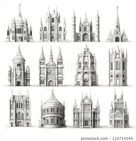 Classic architecture collection with ornate facades and historical styles. Classic architecture collection with ornate facades and historical styles. 128714540