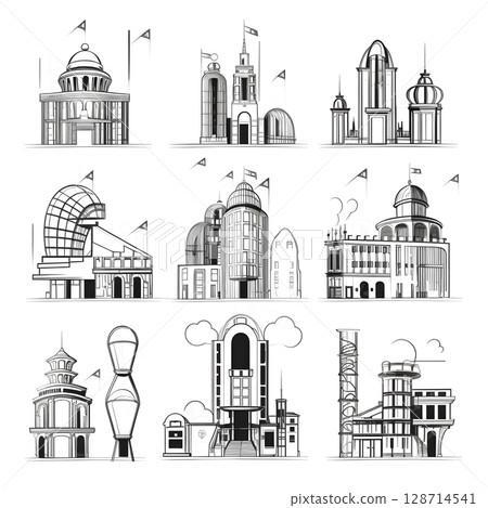 Classic architecture collection with ornate facades and historical styles. 128714541