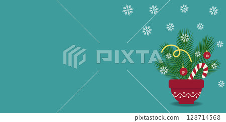 Hand Drawn decorated Pine Twigs bouquet in Flower Pot Corner Frame Copyspace Template Banner Format 128714568
