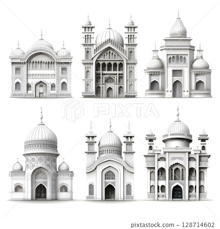 Classic architecture collection with ornate facades and historical styles. 128714602