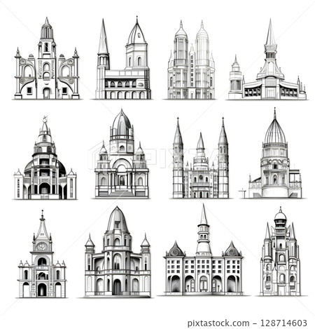 Classic architecture collection with ornate facades and historical styles. Classic architecture collection with ornate facades and historical styles. 128714603