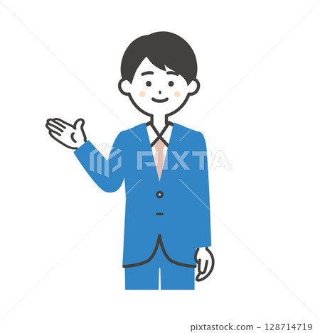Illustration of a man in a suit pointing 128714719