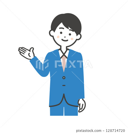 Illustration of a man in a suit pointing 128714720