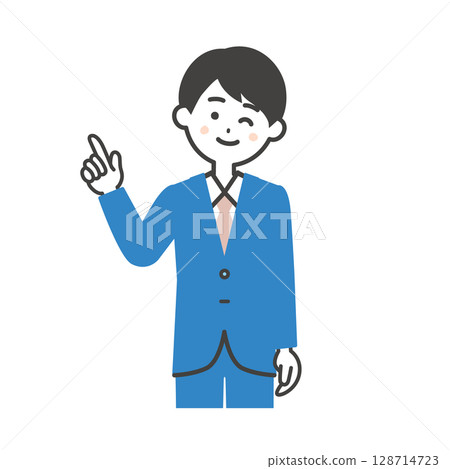 Illustration of a man in a suit winking and pointing up 128714723