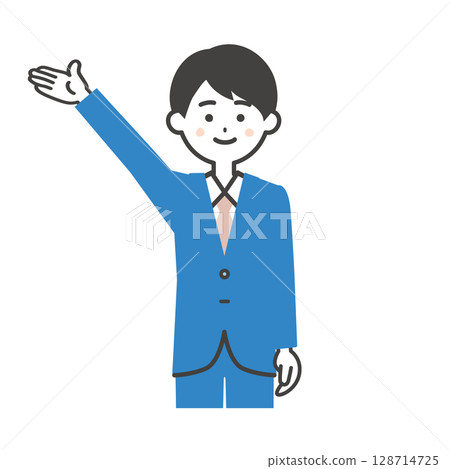 Illustration of a man in a suit pointing upwards Illustration of a man in a suit pointing upwards 128714725