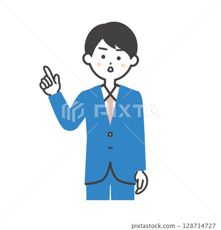 一位穿著西裝、表情嚴肅的男士向上指的插圖 一位穿著西裝、表情嚴肅的男士向上指的插圖 128714727
