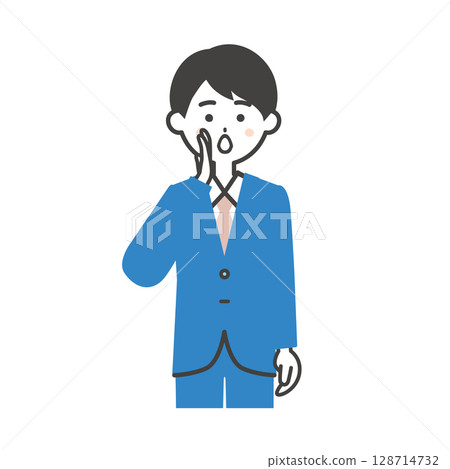 一名穿著西裝的男子用手摀住嘴巴打電話的插圖 128714732