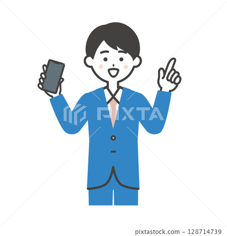 Illustration of a man in a suit holding a smartphone and pointing his finger up 128714739