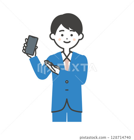 身穿西裝、手持智慧型手機的男子的插圖 128714740