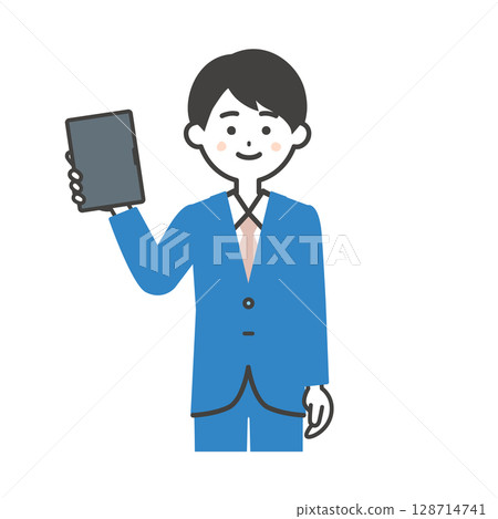 一名身穿西裝、手持平板電腦的男子的插圖 128714741