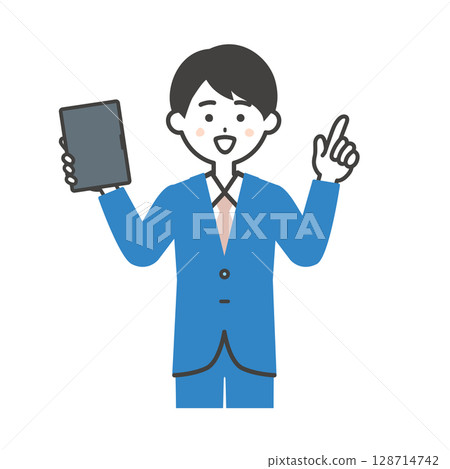 圖：一位西裝革履的男士手拿平板電腦，手指向上 128714742